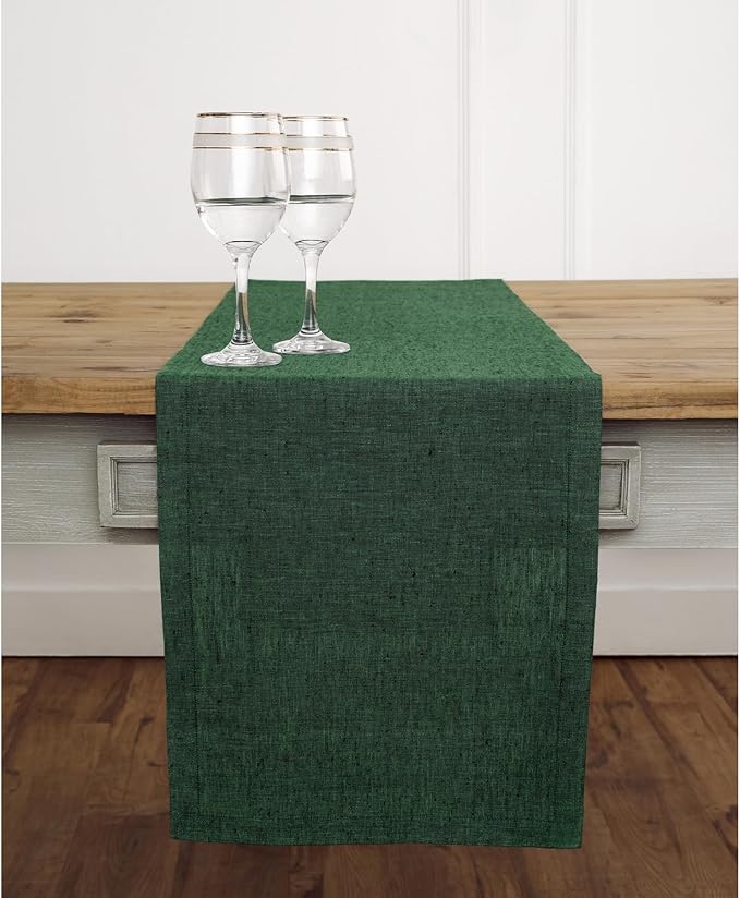 Solino Home Linen Table Runner 120 Inches Long - Athena, 100% Pure Linen Forest Green 14 x 120 Inch Table Runner for Dining, Winter, Easter, St Patricks Day
