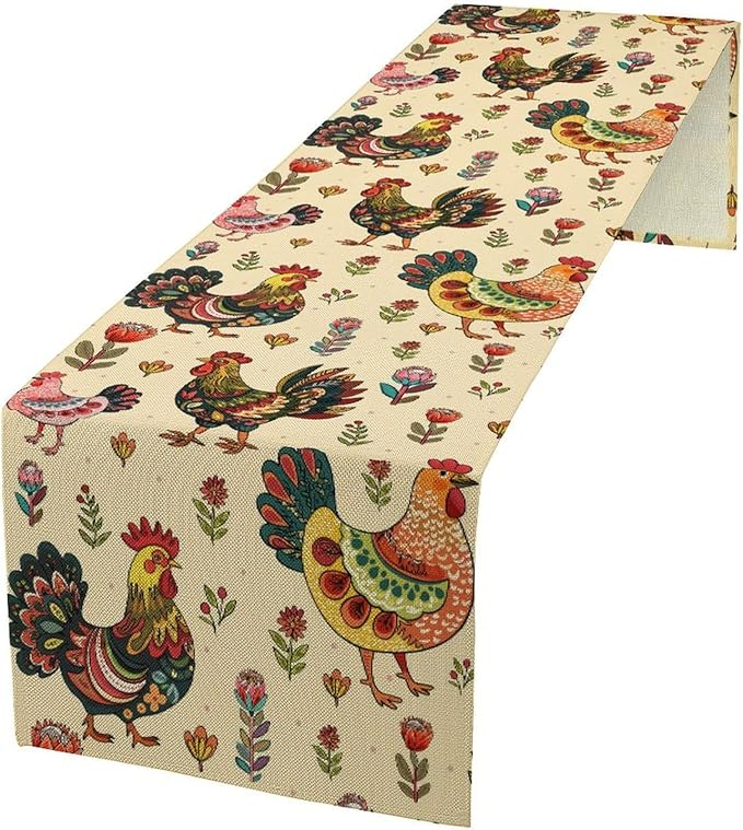 Rustic Farm Animal Table Runner, Vintage Rooster Boho Flowers Table Runner for Kitchen Dining Holiday Home Party 13x90in