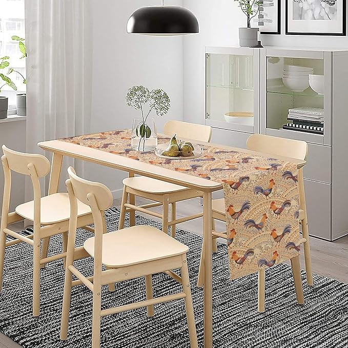 Cute Roosters Table Runner, Boho Rustic Cock Chicken Vintage Arch Floral Plants Print Table Cover for Holiday Kitchen Dining Table Indoor Outdoor Home Party Decor, 13x90inch