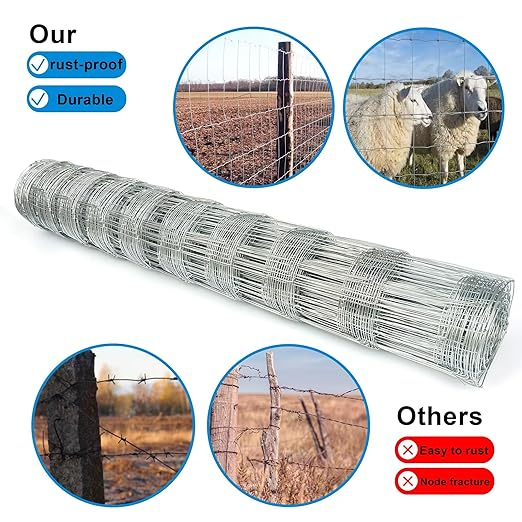 Farm Fence 4ft x 164ft Heavy Zinc Coating Cattle Fence Galvanized Field Fencing Sheep Fence Goat Fence,Hog Wire Fencing for Yard Livestock Animals Protection