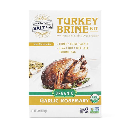 San Francisco Salt Company Organic Turkey Brine Kit – 13 oz Garlic & Rosemary Blend with BPA-Free Brine Bag – Certified Organic & Kosher Seasoning for Whole, Smoked, Oven-Roasted, or