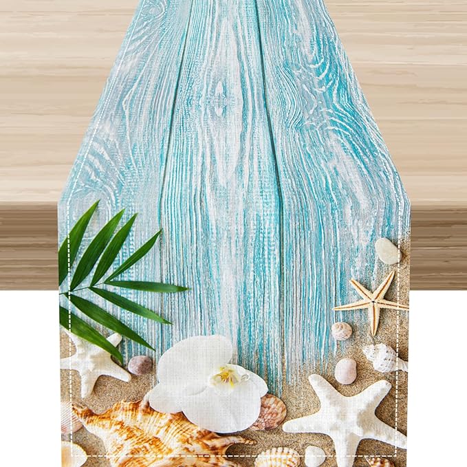 Blue Wooden Starfish Table Runner, Turquoise Tropical Summer Sandy Ocean Beach Coffee Table Center Deco, for Kitchen Family Festival Farmhouse Party and Living Room Table Decorations, 13" X 90"