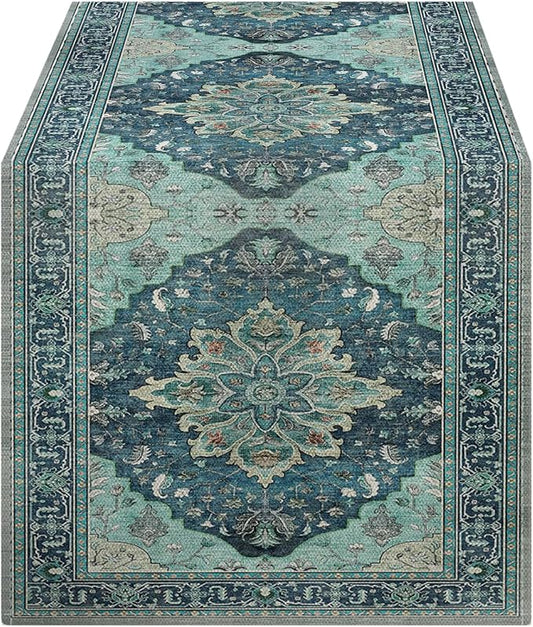 OYIMUA Boho Floral Pattern Summer Table Runner 90 Inches Long Teal and Blue Runners for Tables Rustic Spring Fall Decorations for Home Indoor and Outdoor Party Decor