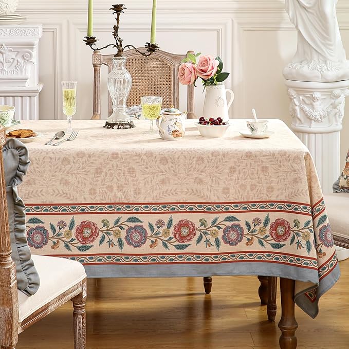 Beige Linen Square Tablecloth,Vintage Indian Style Soft and Colorfast Floral Tablecloths,Decorative Table Cover for Kitchen,Dining,Party,Thanksgiving,Christmas,67"*67"-Flowershadow E