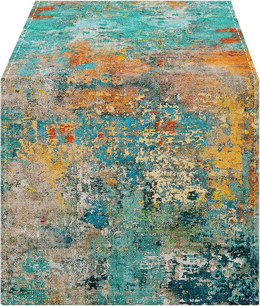 OYIMUA Modern Abstract Teal Yellow Colorful Table Runner 13 x 36 Inches Summer Runners for Tables Rustic Spring Fall Decorations for Home Indoor Outdoor Table Decor