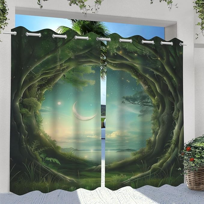 Forest Theme Waterproof Outdoor Curtains for Patio,Trees Moon Lake Pattern,Waterproof, Privacy, Grommet Curtains for Patio, Pergola, Porch, Deck, Lanai, Cabana,2 Panels,54 x 84 inch,Green