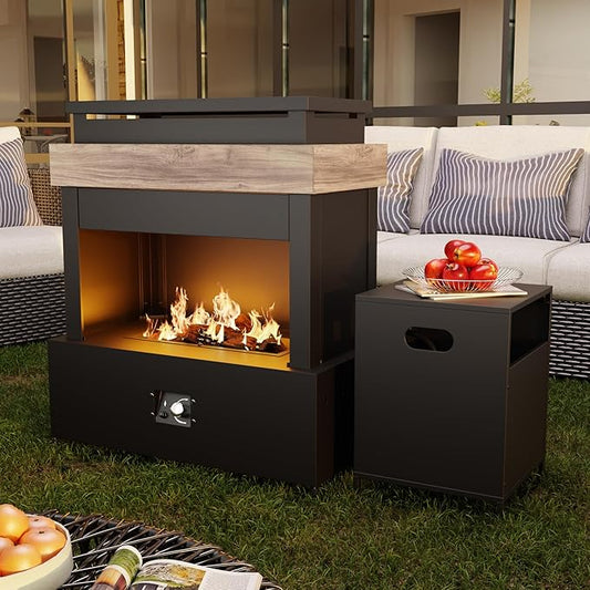 40.5''x35.4'' Propane Outdoor Fireplace, 50,000 BTU Patio Vent-Free Gas Heater, CSA Certified Grey & Black Weather-Resistant Steel, Realistic Ceramic Logs, Rain Cover Included