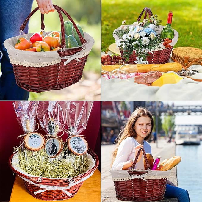 Brown Wicker Basket with Linen Lining, 14 Inch Large Wicker Woven Picnic Basket with Handle for Picnic, Camping, Outdoor Party