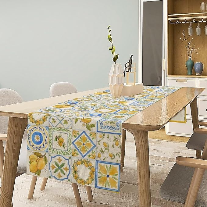 Yellow Lemon Summer Table Runner, Watercolor Spring Yellow and Blue Flower Hawaiian Style Table Runner for Holiday Party Home Kitchen Dining Table, 13x90inch