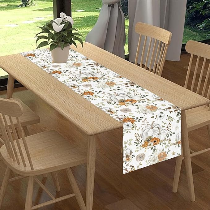 Fall Table Runner, Farmhouse Seasonal Autumn Pumpkin Harvest Thanksgiving Rustic Coffee Table Center Decor for Home Kitchen Dining Patio Holiday Party Indoor Outdoor Table Decorations, 13"x36" Inch