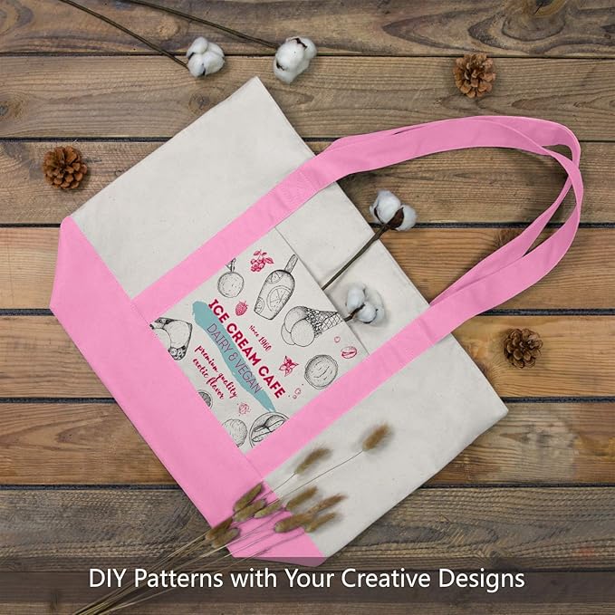 TOPDesign 6-Pack Canvas Tote Bags with an External Pocket, Reusable Grocery Shopping Bags, Top Zipper Closure, Daily Essentials (Pink/Natural)