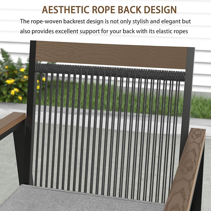 7-Piece Patio Dining Table and Chair Sets, Outdoor Metal Dining Furniture Set with Umbrella Hole, Wood Grain Tabletop, 6 Rope Patio Chairs with Faux Wood Armrest & Cushions for Backyard, Deck