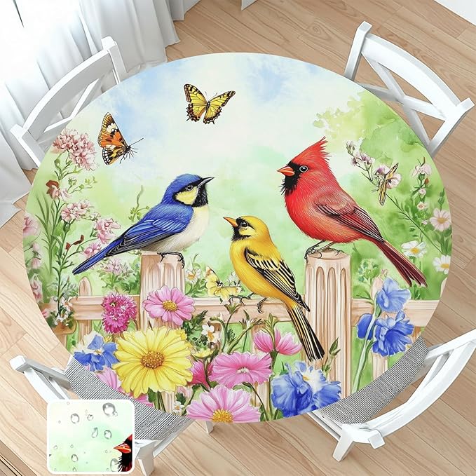 Spring Birds Floral Round Fitted Tablecloth with Elastic Colorful Flower Butterfly Circle Table Cloth for 40-44" Round Tables Wipeable Waterproof Farmhouse Easter Table Cover for Outdoor Picnic Dining