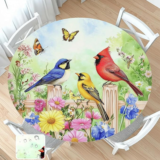 Spring Birds Floral Round Fitted Tablecloth with Elastic Colorful Flower Butterfly Circle Table Cloth for 36-40" Round Tables Wipeable Waterproof Farmhouse Easter Table Cover for Outdoor Picnic Dining