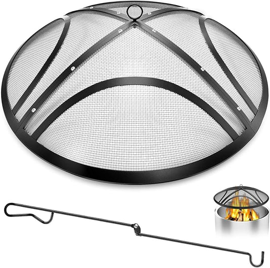 Fire Pit Spark Screen, Upgraded 30 Inch Outdoor Fire Pit Screen with Handle & Poker, Heavy-Duty Steel Fire Pit Cover Round Mesh Replacement Firepit Screen for Backyard/Beach/RV Camping