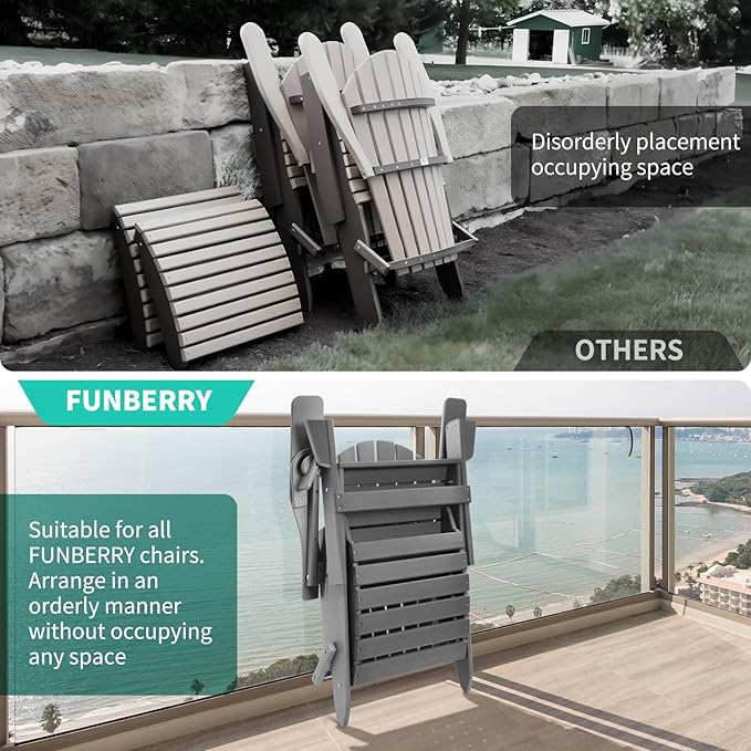 FUNBERRY Folding Adirondack Ottoman Set of 2, HDPE All Weather Outdoor Foot Rest, Easy Storage Patio Footstool, Ottomans and Footstools for Outside