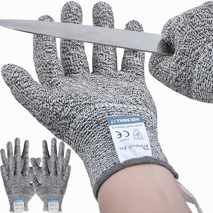 Dowellife 3 Pairs Cut Resistant Gloves Food Grade Level 5 Protection, Safety Kitchen Cuts Gloves for Mandolin Slicing, Fish Fillet, Oyster Shucking, Meat Cutting and Wood Carving (Black Gray, Large)