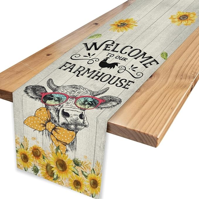 Farmhouse Cow Table Runner, Rustic Yellow Sunflower Floral Buffalo Animals Spring Coffee Farm Table Center Decor for Family Kitchen and Living Room Country Holiday Party Table Decorations, 13" X 108"