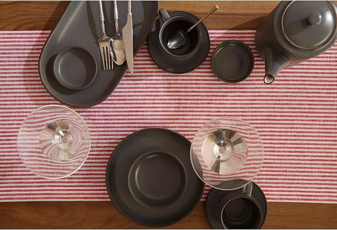 Solino Home Linen Table Runner 120 Inches Long - Narrow Stripe, 100% Pure Linen Red and White Table Runner 14 x 120 Inch for Dining, Valentines, Winter, Spring, Easter