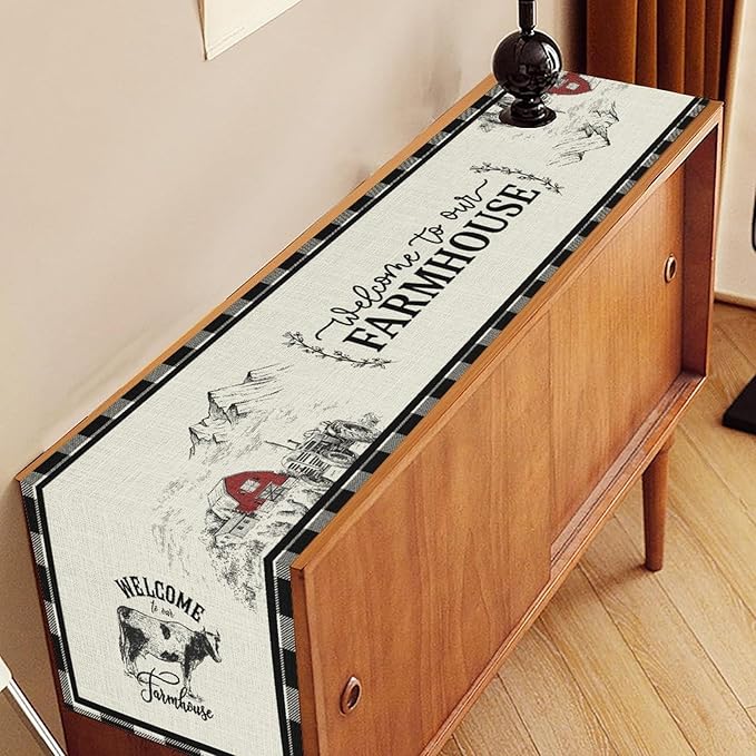 Farmhouse Table Runner, Rustic Country Barn Cottage Rooster Cow Check Animal Plank Coffee Table Center Decor for Home Kitchen Dining Patio Holiday Party Indoor Outdoor Table Decorations 13"x36"
