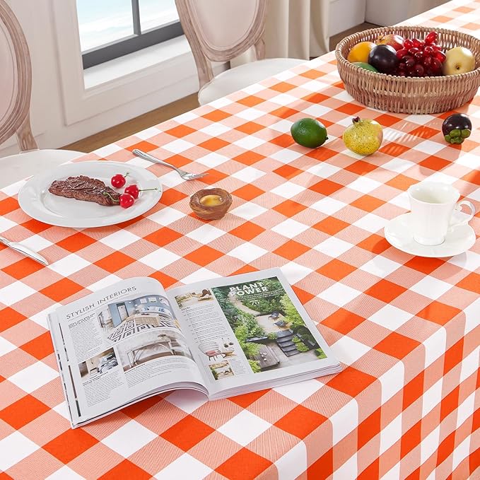 Softalker Gingham Checkered Tablecloth Rectangle - Outdoor Waterproof Buffalo Plaid Table Cloth, Stain Resistant Washable Table Cover for Picnic, Camping, Dining - Orange and White, 54 x 120 Inch