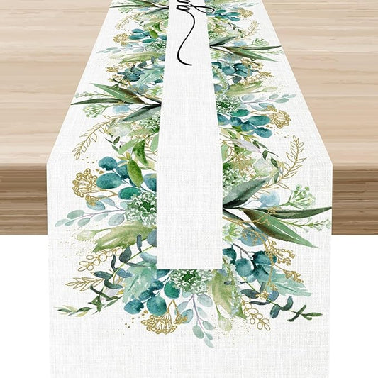 Farmhouse Table Runner, Green Gold Eucalyptus Spring Seasonal Plants Rustic Country Cafe Coffee Table Center Decor for Home Kitchen Dining Patio Indoor Outdoor Table Decorations, 13"x72" Inch