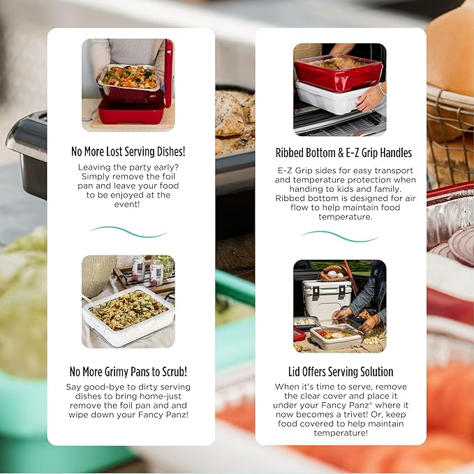 Fancy Panz - White Classic Aluminum Foil Pan Carrier with Lid - Elevated Food Serving Tray - Portable Casserole Carrier with Lid - Made in The USA Hosting Essentials