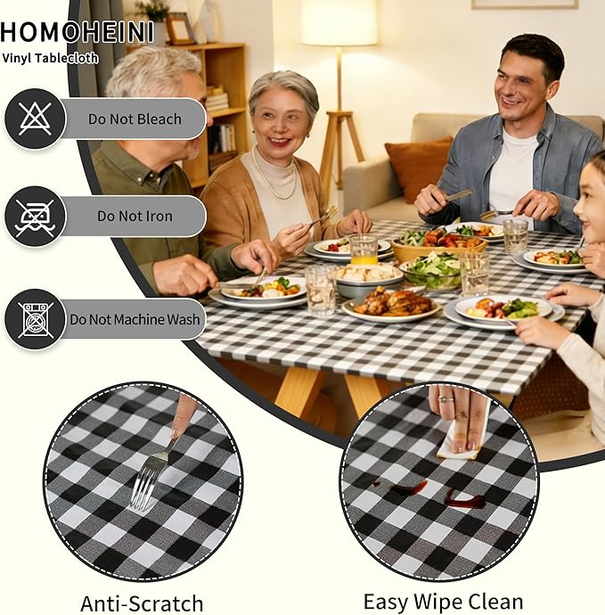 Rectangle Picnic Table Cloth, Elastic Waterproof Fitted Vinyl Tablecloths for 8 Foot Tables, Wipeable Flannel Backed Table Covers for Dining, Camping, Outdoor(Black Plaid,36"x96")