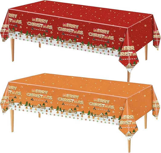 Merry Christmas Party Table Cloth Decorations Red Orange Gingerbread Plastic Xmas Tablecloths - 54x108inch Snowflake Christmas Tree Disposable Table Cover for Holiday Indoor Outside Home