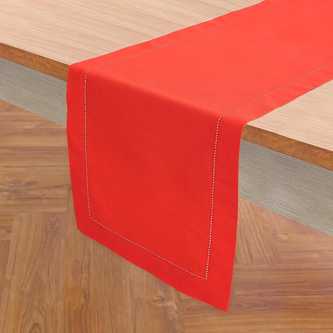 Solino Home Table Runner 108 Inches Long - Cotton Linen Hemstitch Poppy Red Table Runner 14 x 108 Inch for Valentines
