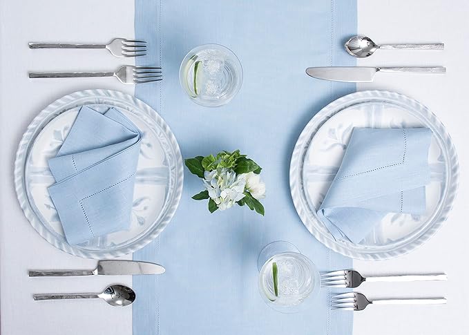 Solino Home Linen Sky Blue Table Runner 144 Inches Long - 100% Pure Linen Extra Long Table Runner 14 x 144 Inch for Spring, Easter - Classic Hemstitch