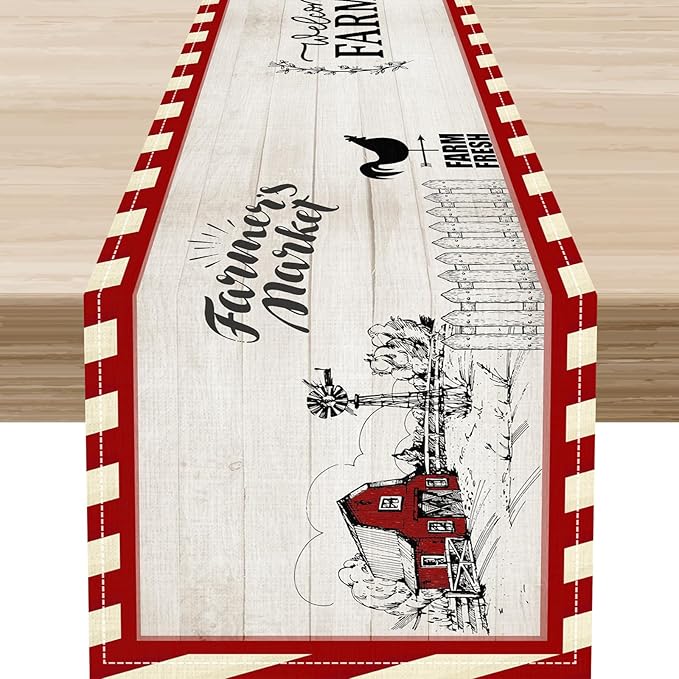 Farmhouse Table Runner, Rustic Country Barn Cottage Rooster Check Animal Plank Coffee Table Center Decor for Home Kitchen Dining Patio Holiday Party Indoor Outdoor Table Decorations 13"x72"