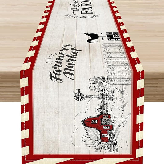 Farmhouse Table Runner, Rustic Country Barn Cottage Rooster Check Animal Plank Coffee Table Center Decor for Home Kitchen Dining Patio Holiday Party Indoor Outdoor Table Decorations 13"x108"