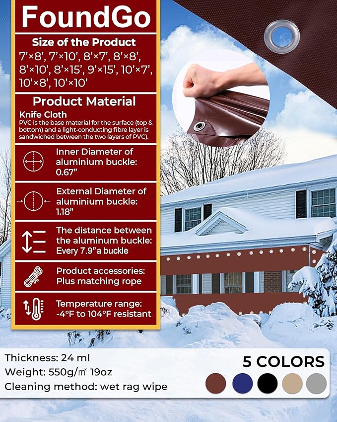 FoundGo 8'Hx10'W Vinyl Curtains for Patio,19oz Outdoor Clear Vinyl Patio Enclosure,Heavy Duty Clear Tarps Waterproof Vinyl Tarp with Grommets for Pergola, Porch,Gazebos,Balcony,-4℉ Cold Resistant