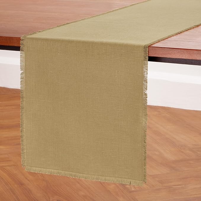 Solino Home Fringe Linen Table Runner 108 Inches Long - 100% Pure Linen Kelp Dining Table Runner 14 x 108 Inch for Spring - Handcrafted and Machine Washable
