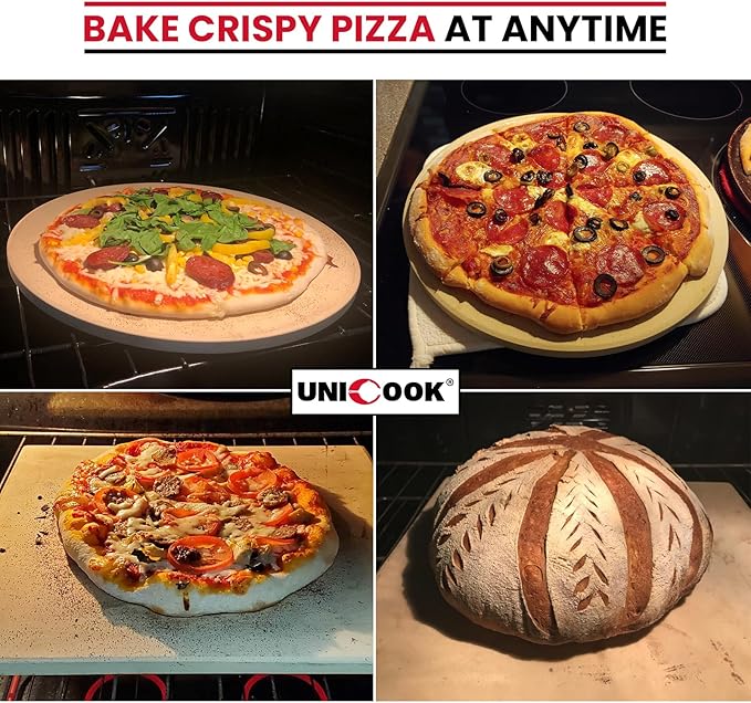 Unicook 16" x 16" Square Pizza Stone for Grill and Oven, Large Cordierite Bread Baking Stone for Crispy Crust Pizzas, Bread and Cookies, Includes Dough Scraper
