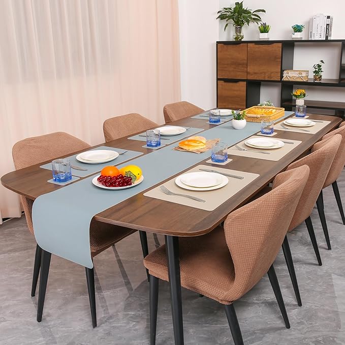 Myir JUN Table Runner Double Sided Vinyl Runner Table 94 Inch Long Runner for Table Washable Waterproof Non-Slip for Home Decorations Camel Yellow Light Blue,12 x 94 inch