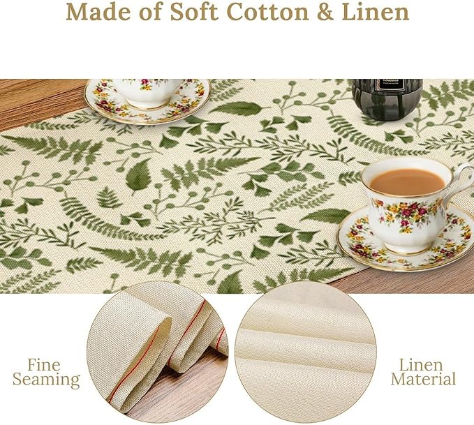 Green Leaves Table Runner,Spring Summer Herbs Botanical Natural Plants Print Table Runner for Kitchen Dining Table Farmhouse Home Party Decor 13x108in