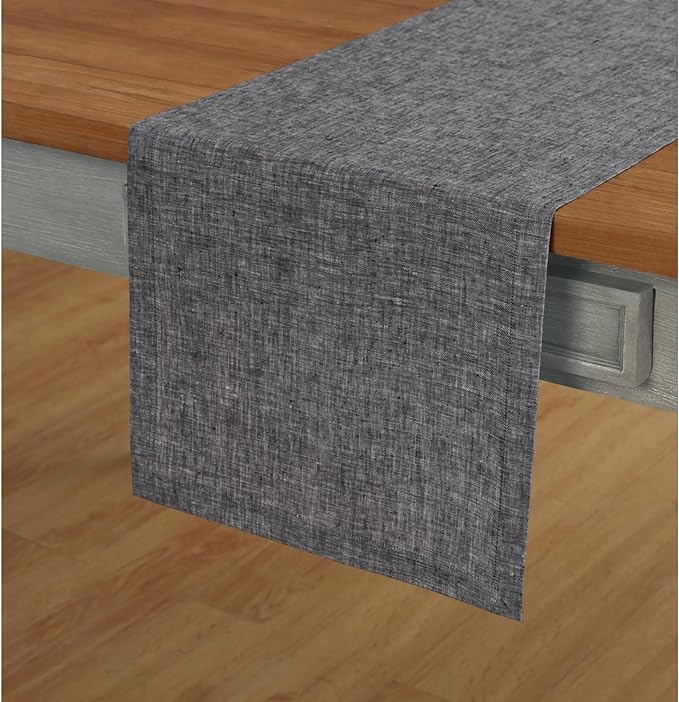 Solino Home Linen Chambray Black Table Runner 90 Inches Long - Athena, 100% Pure Linen Dining Table Runner 14 x 90 Inch for Winter