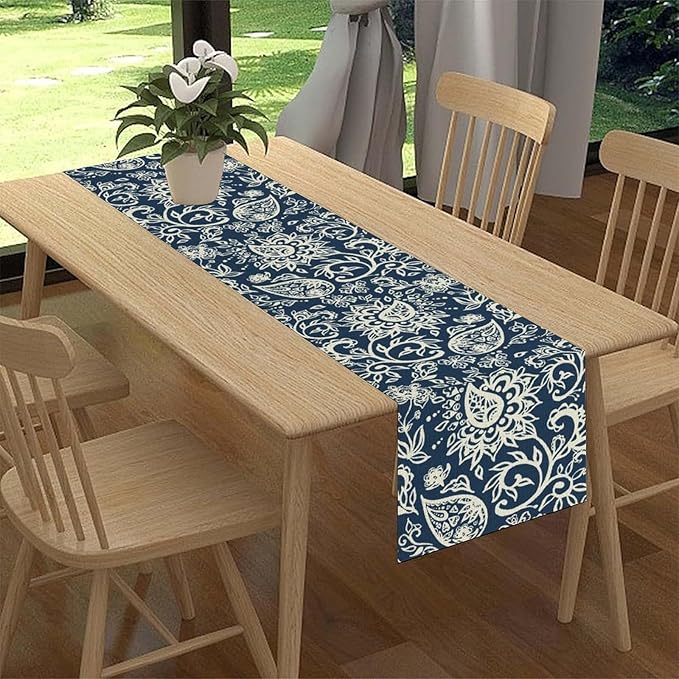 Blue Paisley Table Runner, Vintage Damask Antique Floral Flower Boho Damask Swirled Rustic Coffee Table Center Decor for Family Kitchen and Living Room Outdoor Table Decorations, 13"x36"