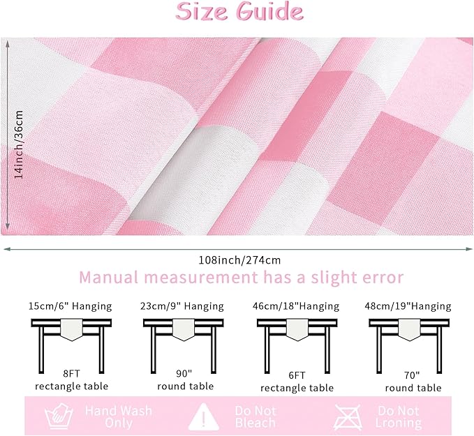 Fabric Checkered Table Runner 12 Pack Waterproof Gingham Table Runner 14W x 108L Buffalo Check Table Runners for Parties Kitchen Dining Wedding Banquet (Pink and White)