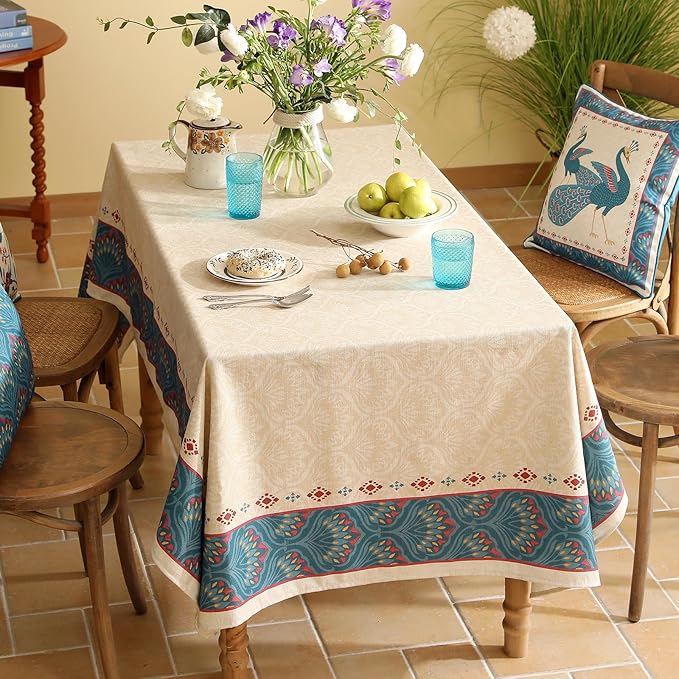 Vintage Beige Linen Rectangle Tablecloth,Paisley Farmhouse Feather Floral Pattern Table Cloth,Decor Table Cover for Kitchen,Dining,Thanksgiving,Christmas,55"*79"-Dorodango F