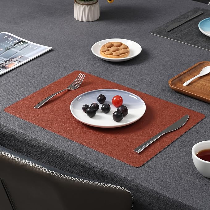 Myir JUN Dual Sided Faux Leather Placemats Set of 4 for Indoor Outdoor Dining Tables, Square Non-Slip Washable Wipeable Table Mats (Gray Terracotta)