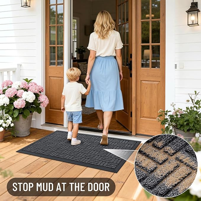 OLANLY Front Door Mat Outside Entrance 29.5x17, Absorbent, Heavy Duty Sturdy Natural Rubber Doormat Indoor Outdoor, Non-Slip, Stain and Fade Resistant, Low Profile Floor Mat for Entryway, Black Gray