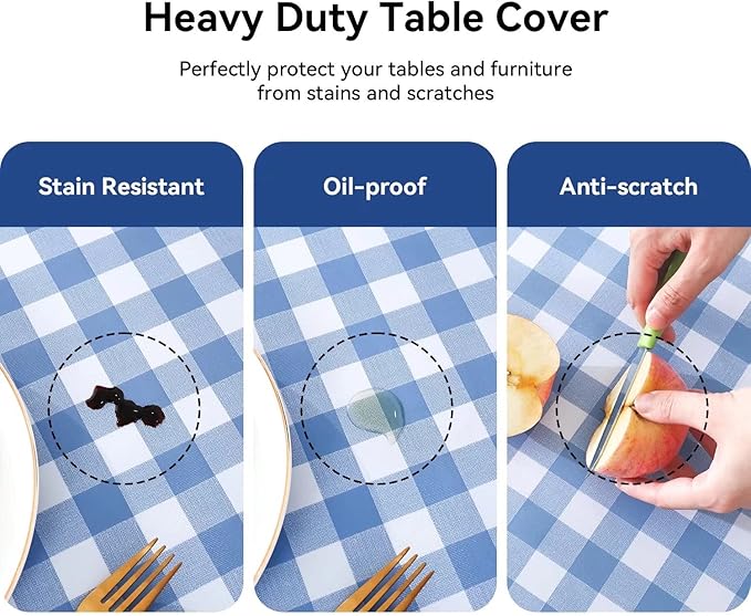 Romanstile Rectangle Vinyl Tablecloth, 100% Waterproof Buffalo Gingham Plastic Table Cloth, Heavy Duty Wipeable Checkered Table Covers for Outdoor, Camping, Picnic, Patio - 60 x 84, Light Blue