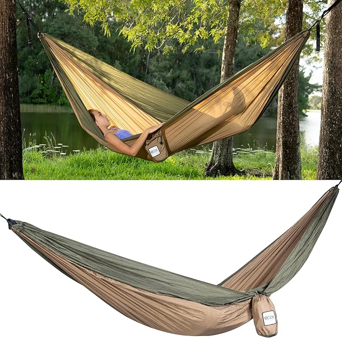 ecox Outdoors Parachute Hammock Single with 2 Tree Straps, Portable Lightweight Nylon Comfortable for Backpacking, Camping, Travel, Beach, Backyard, Patio, Hiking
