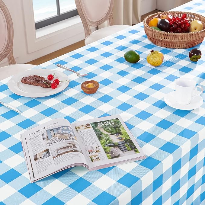 Softalker Gingham Checkered Tablecloth Rectangle - Outdoor Waterproof Buffalo Plaid Table Cloth, Stain Resistant Washable Table Cover for Picnic, Camping, Dining - Blue and White, 60 x 102 Inch
