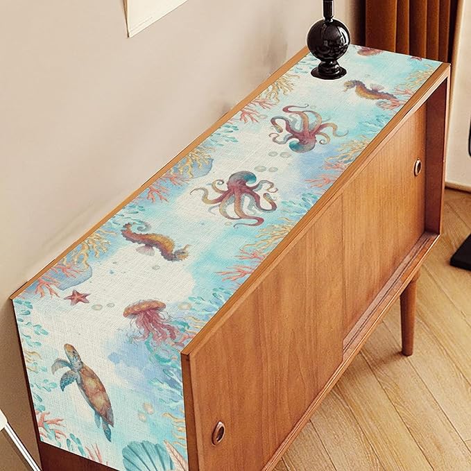 Blue Coastal Table Runner, Nautical Starfish Turtle Seashell Coral Shell Beach Ocean Dining Table Runner for Coffee Table Home Party Decor 13"x108"
