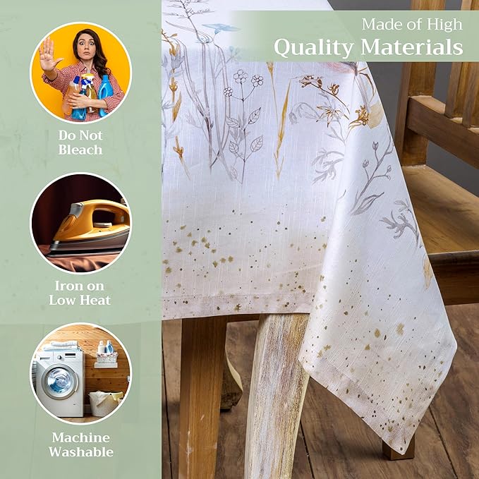 Maison d' Hermine Table Cloth Rectangle Table 100% Cotton 60 x 120 Inches Tablecloth Reusable for Dining Room, Farmhouse, Home, Party, Festive & Wedding Spring Summer - Meadow Florals - Beige