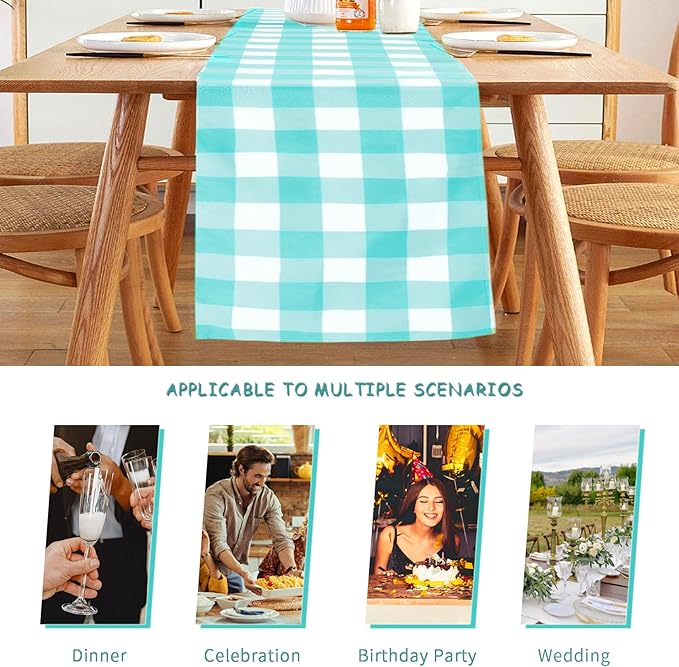 Fabric Checkered Table Runner 12 Pack Waterproof Gingham Table Runner 14W x 108L Buffalo Check Table Runners for Parties Kitchen Dining Wedding Banquet (Aqua and White)